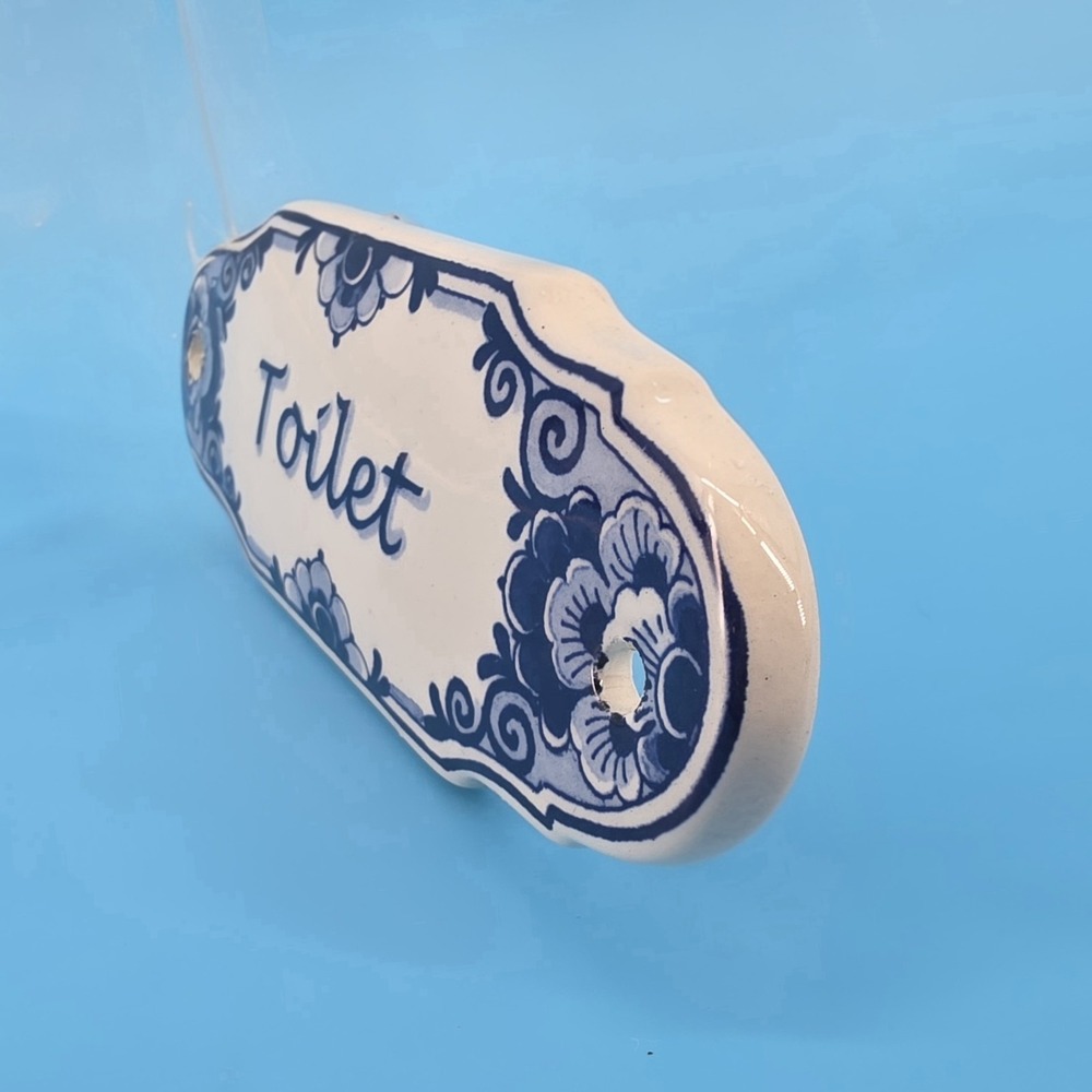 AGRO Delfts Blauw Toilet Wall Sign Floral Hand Painted Made In Holland 2.5" x 6" - Picture 2 of 9